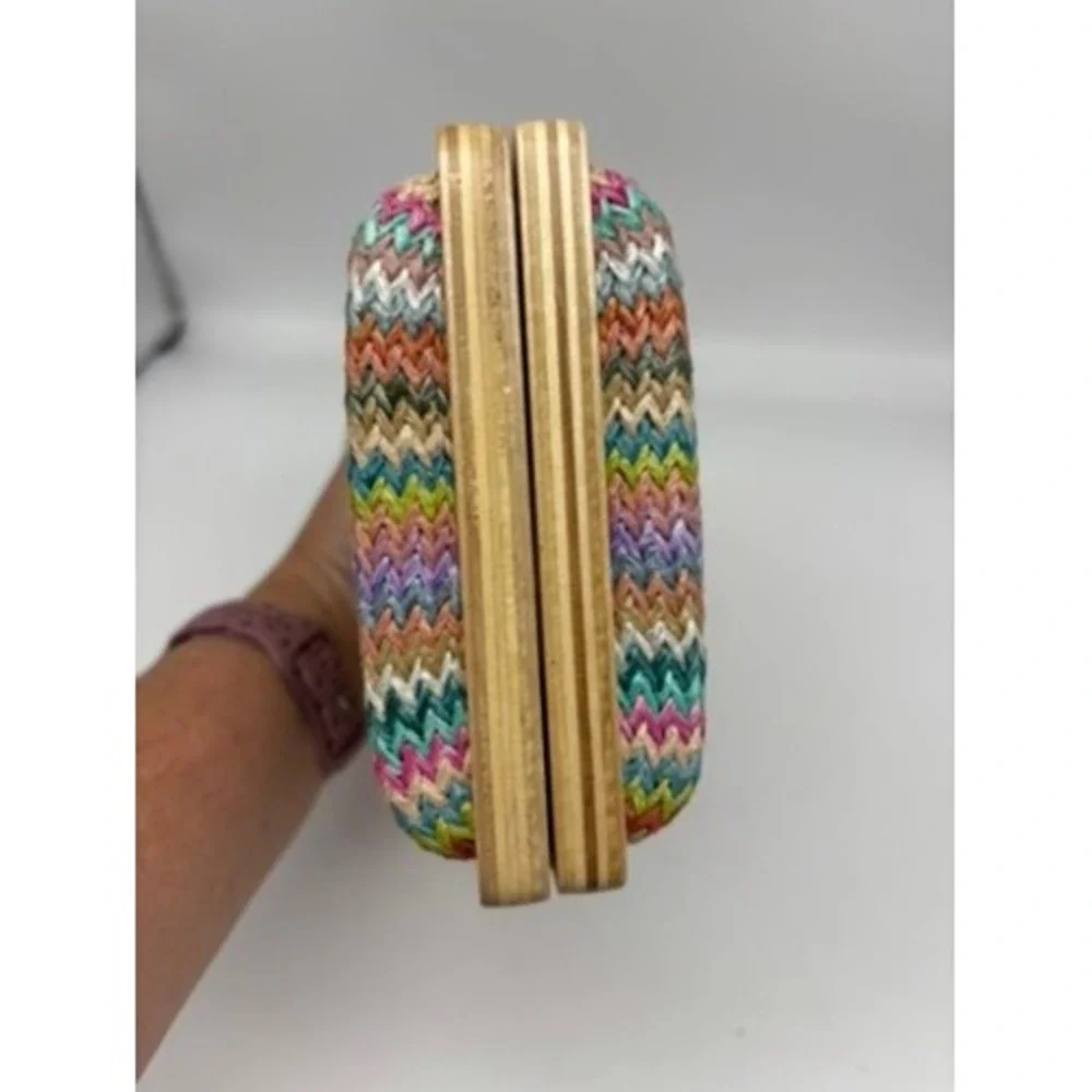 Bohemian Woven Chevron Clutch Multi-Color Wood Frame Ball Clasp Chic